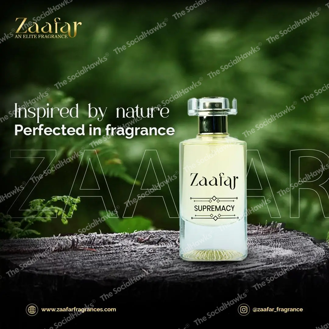 Zaafar Supremacy perfume bottle on wooden log with green nature background